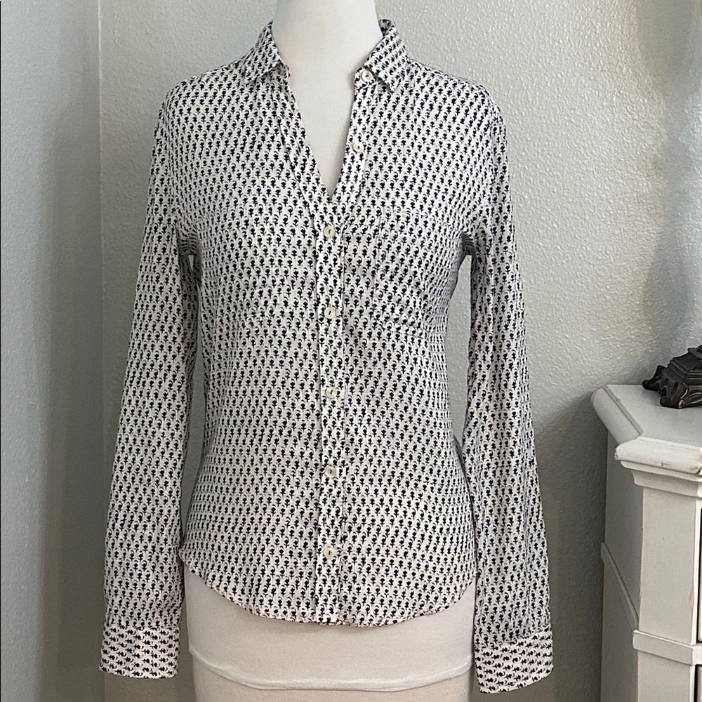 Anthropologie Holding Horses Floral Button Down Blouse Navy Cream Size 6